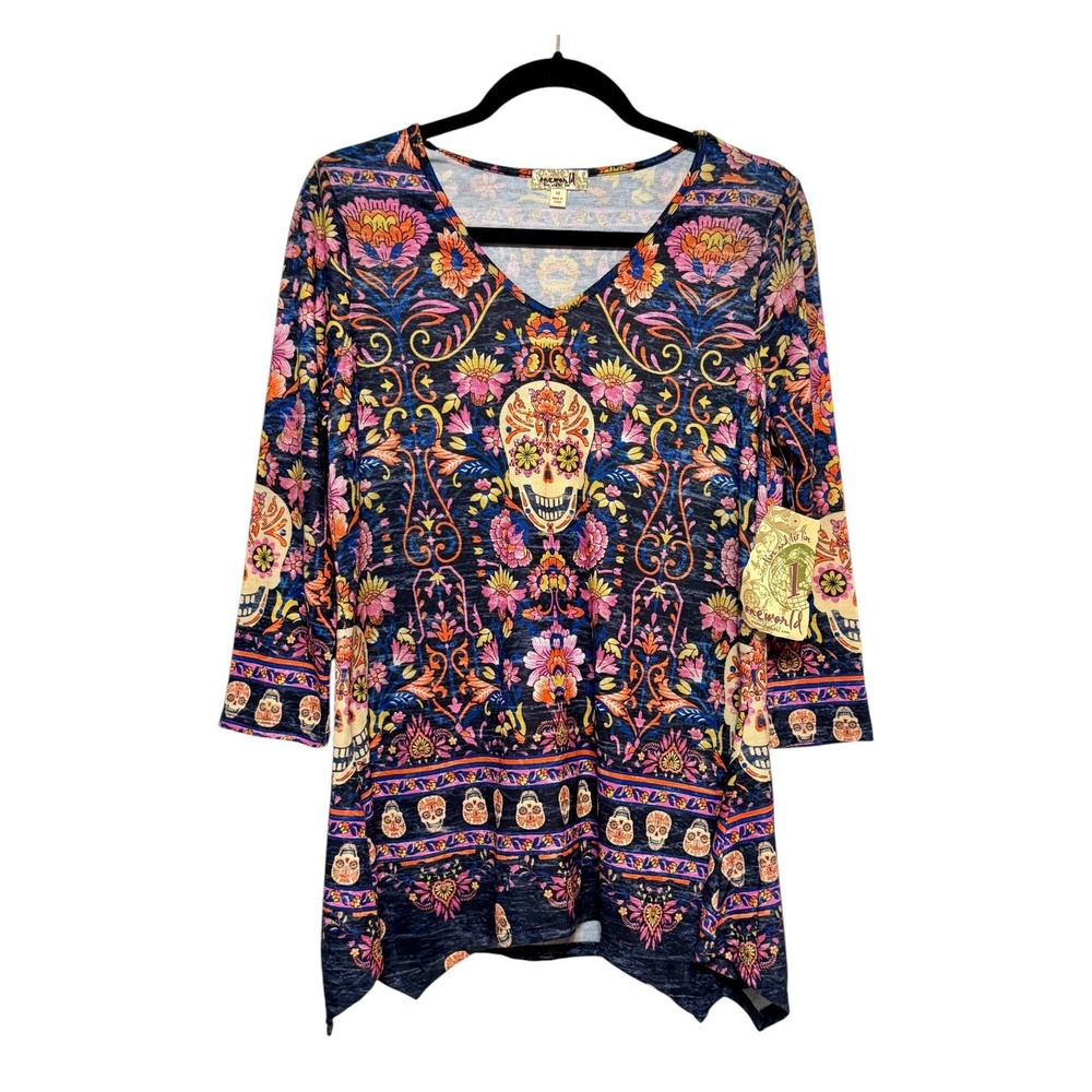 NWT One World‎ Whimsigoth Sugar Skull Tunic Top Womens Sz M Fairy Grunge Retro